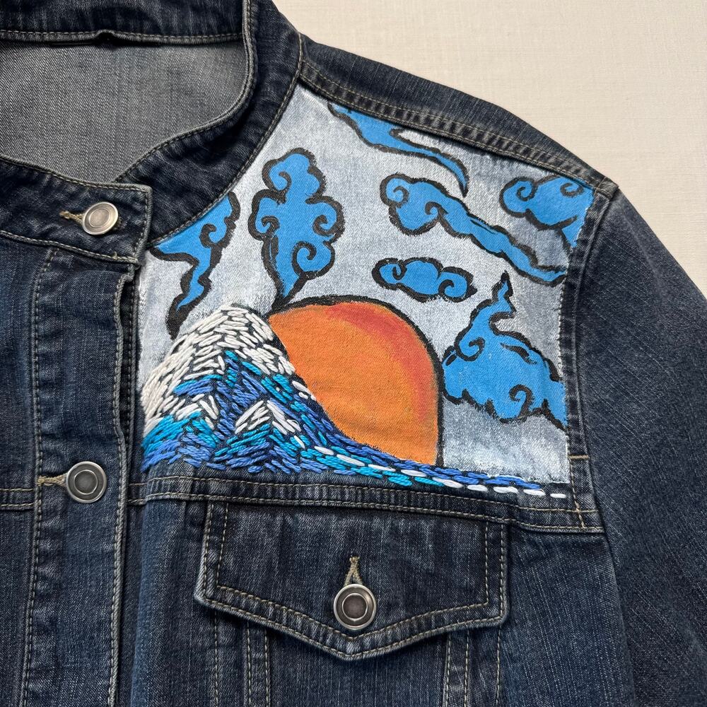 Upcycled Cotton Denim Jacket Women's Size XL Medium Wash Blue Art To Wear Sunset - Picture 5 of 11